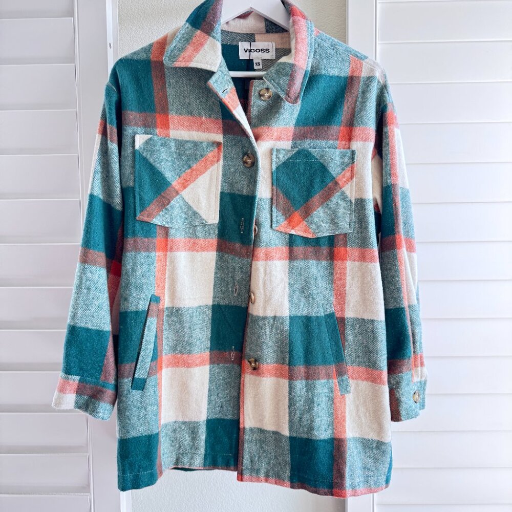Stitch fix: VIGOSS Size: XS Oversized Teal Green Orange Plaid Shacket Flannel - Picture 11 of 15